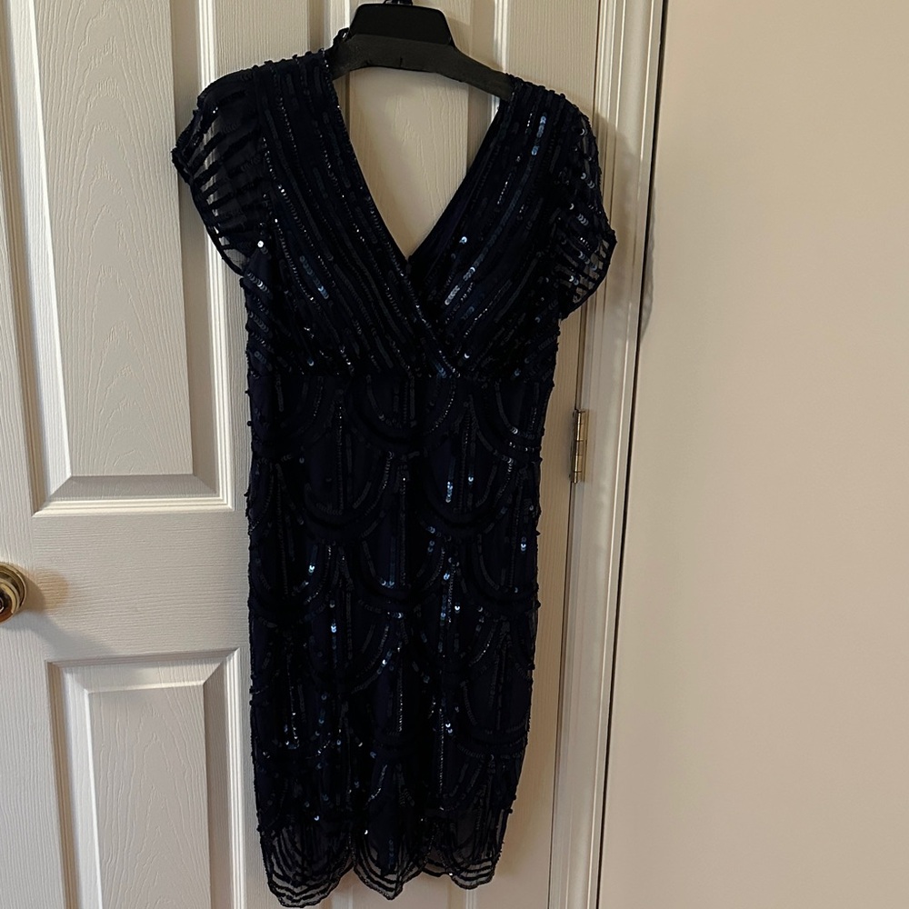 MARINA Navy Sequin V-Neck Knee-Length Dress